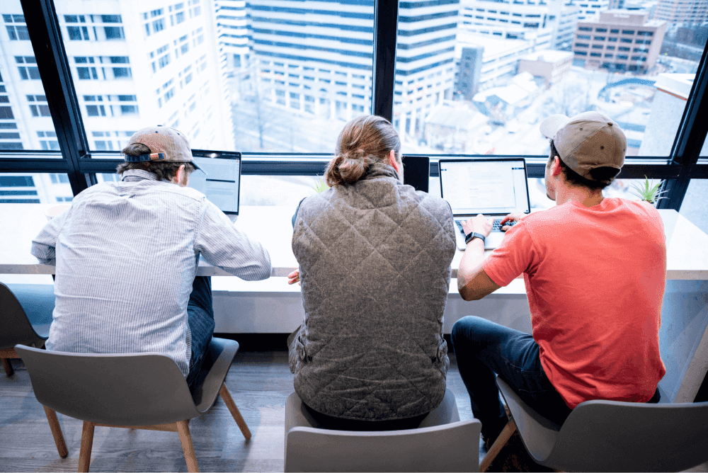 Employees sitting together, working