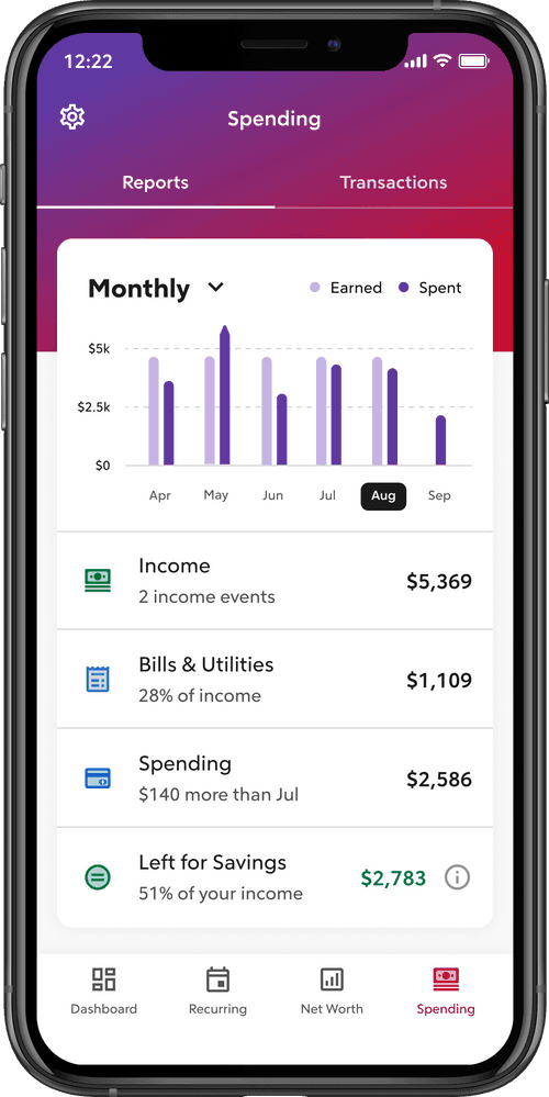 Phone of the Spending tab in Rocket Money